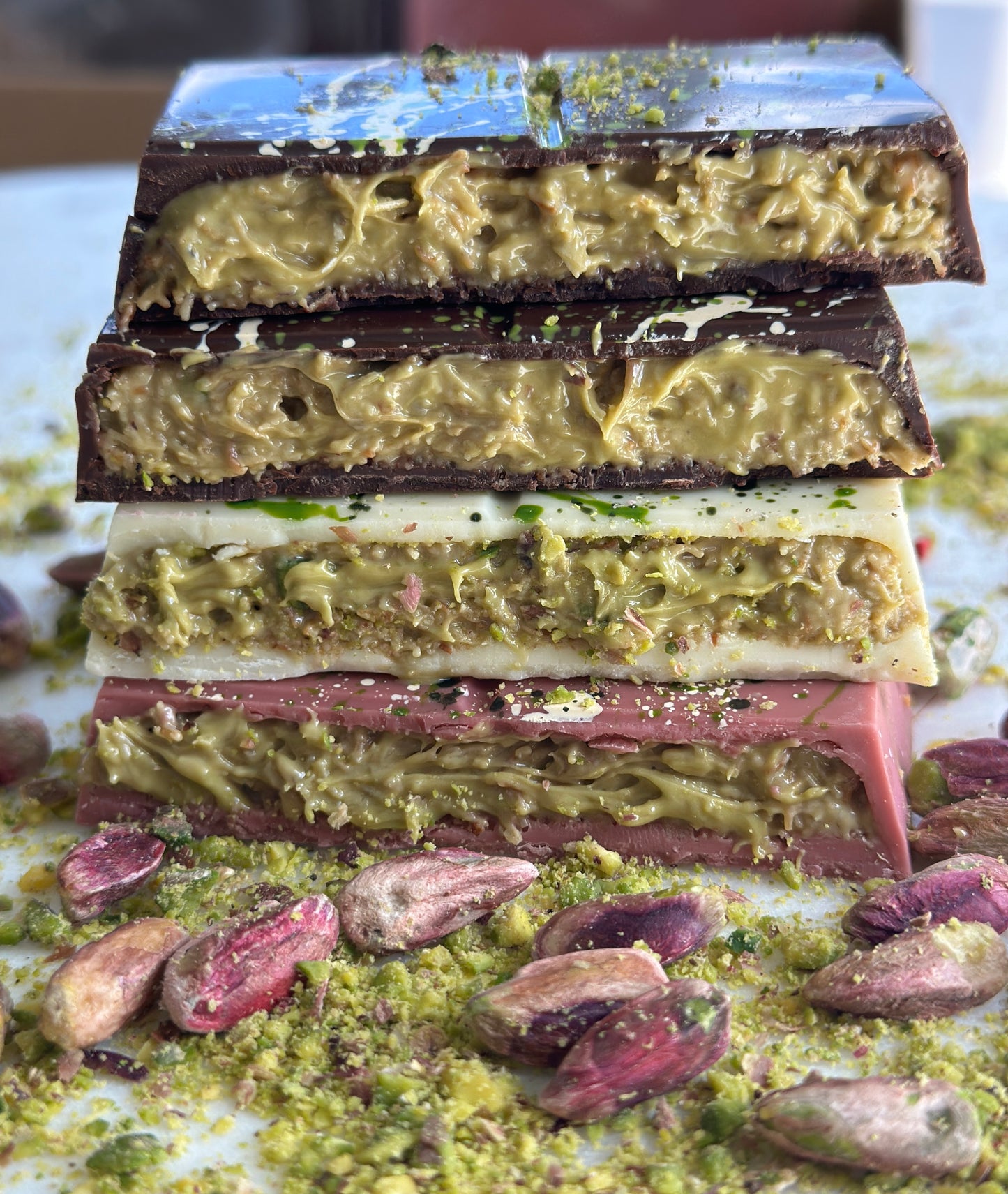 Dubai Collection Chocolate Squares – Milk, Dark, Ruby, White Pistachio Bars, Luxury Gourmet Handmade Chocolate