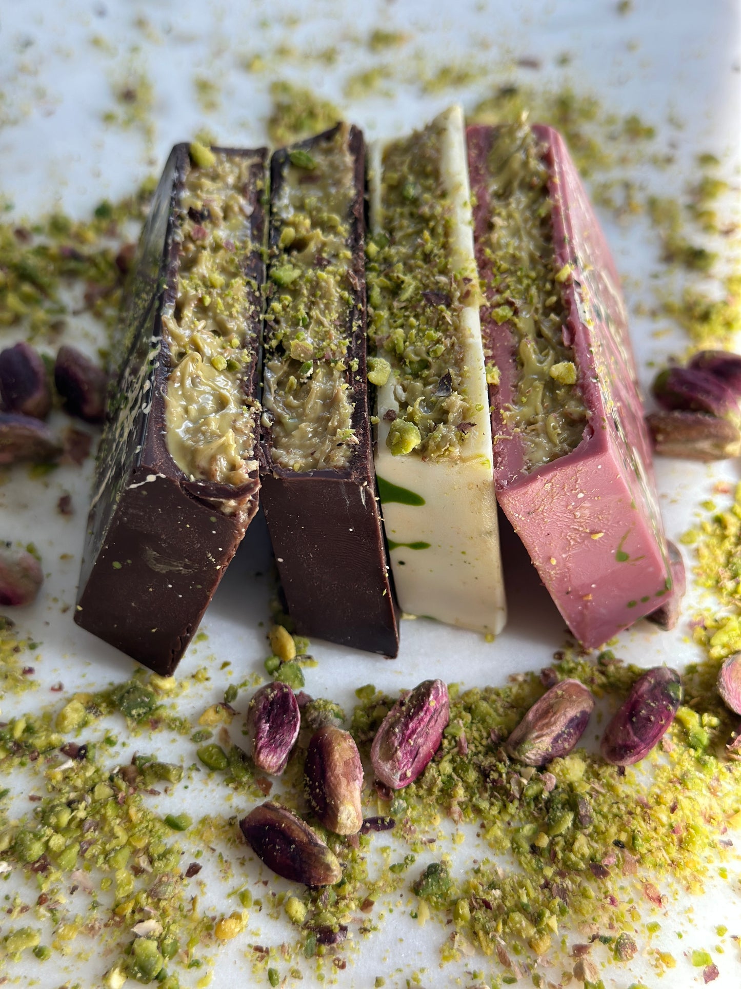 Dubai Collection Chocolate Squares – Milk, Dark, Ruby, White Pistachio Bars, Luxury Gourmet Handmade Chocolate