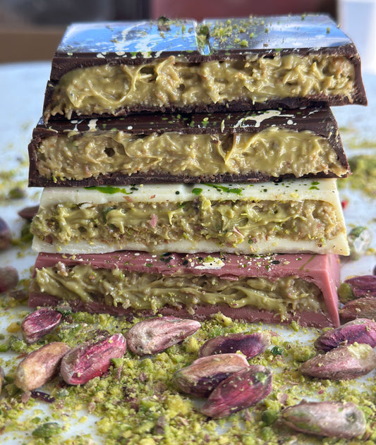 Dubai Collection Chocolate Squares – Milk, Dark, Ruby, White Pistachio Bars, Luxury Gourmet Handmade Chocolate