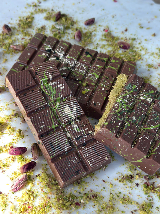 Milk Dubai Pistachio Chocolate Bar, Luxury Gourmet Handmade Chocolate